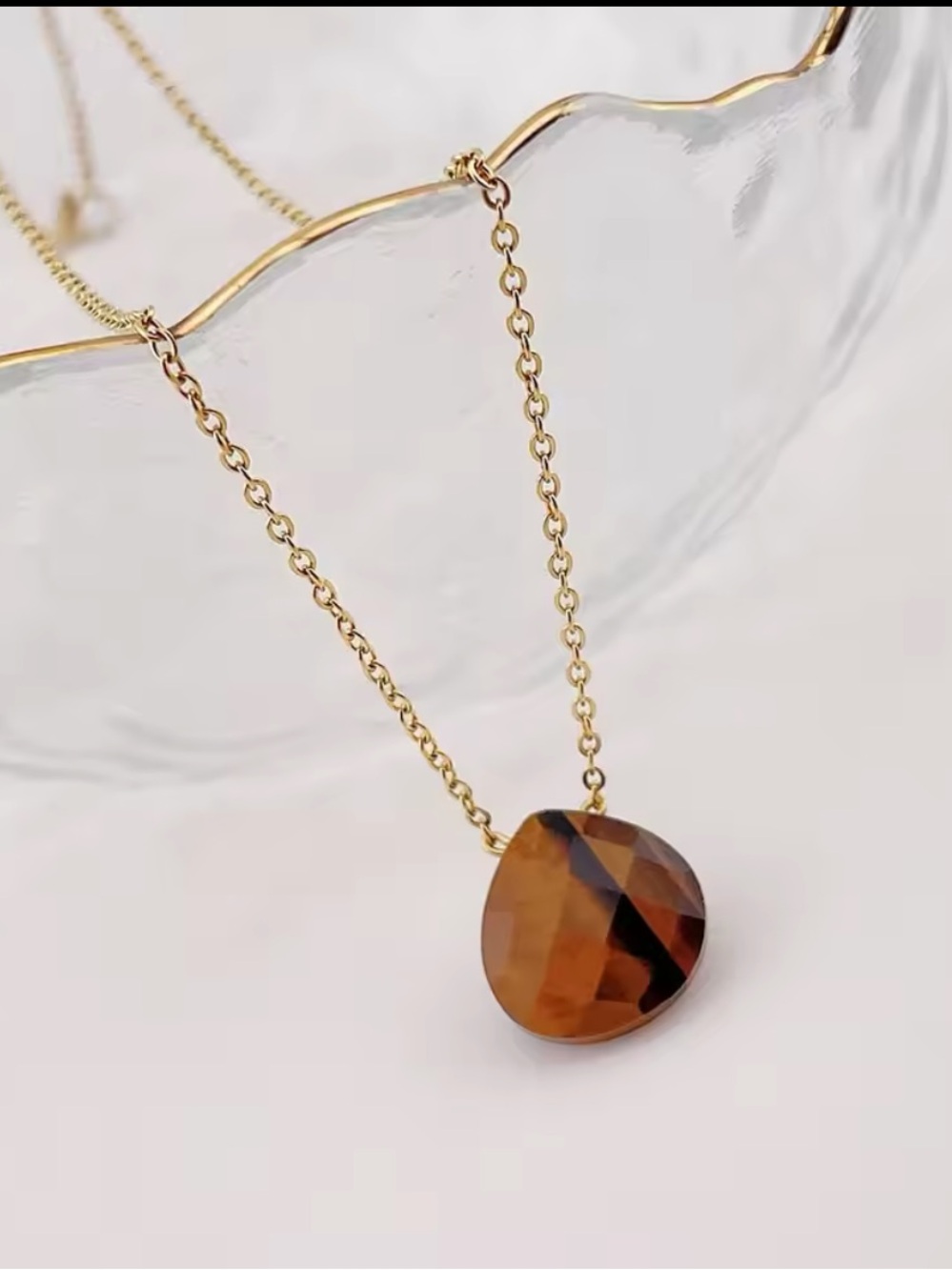 Gemstone Gold Chain Necklace with faceted Tiger Eye Pendant